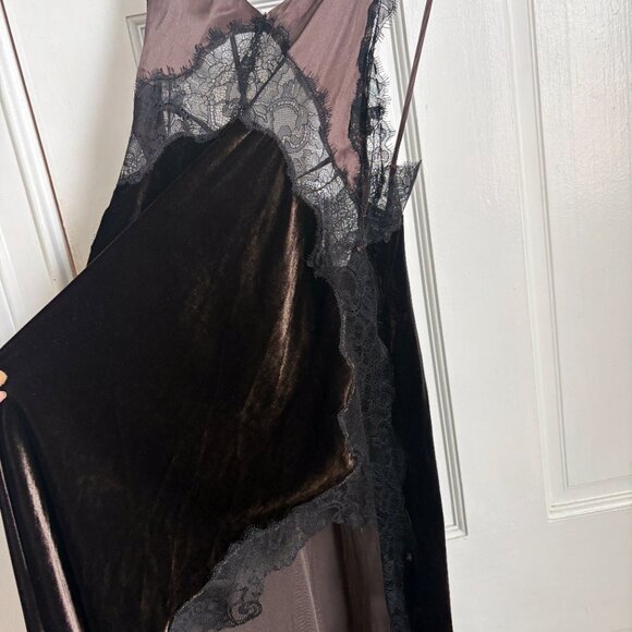 Jen Ceballos x Mango Dress Brown Velvet Black Lace Trim Maxi Long Wedding Guest - Picture 9 of 16